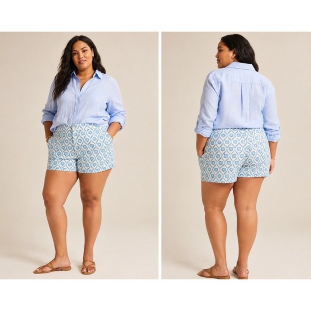 The Riviera Short Loft Linen Embroidered Shorts Blue White Floral Size 14